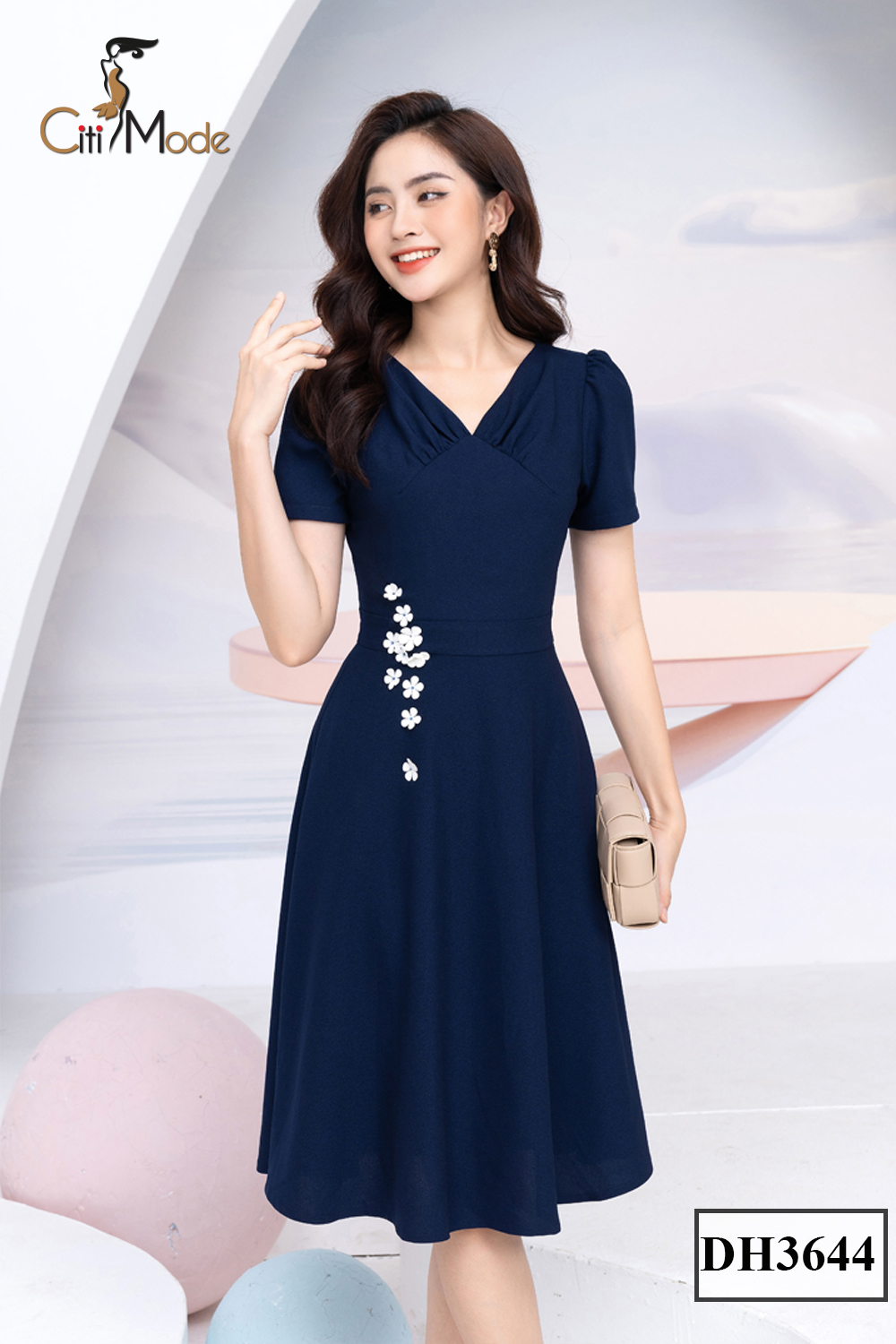 Đầm công sở CITI MODE FASHION dáng A xanh than thêu hoa eo DH3644