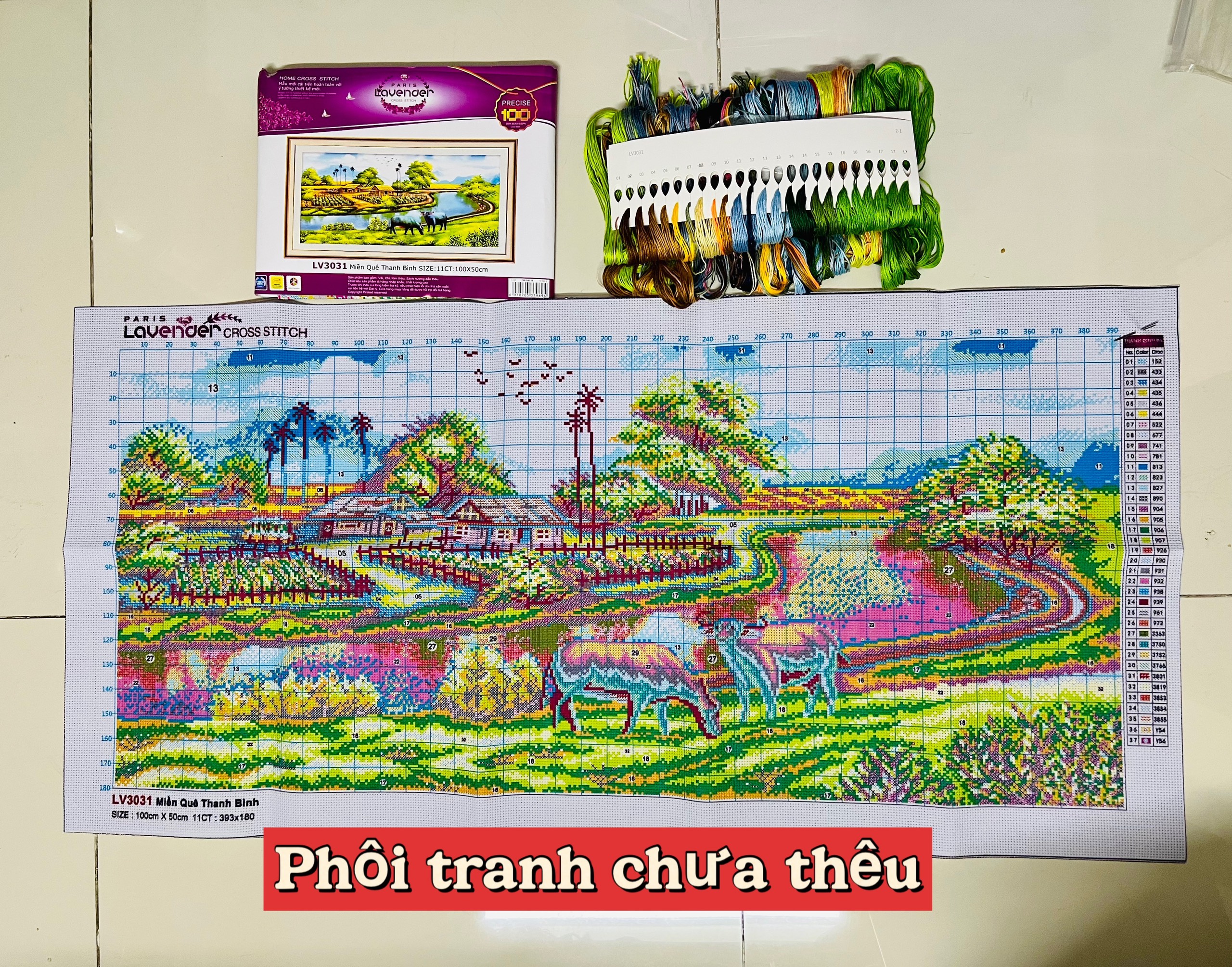 Tranh thêu chữ thập Miền quê Thanh Bình LV3031, kích thước 100 x 50 cm