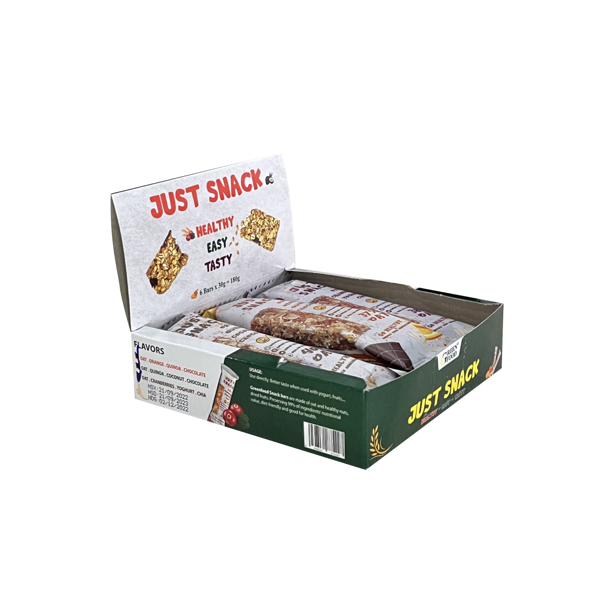 Ngũ Cốc Yến Mạch Chile JUST SNACK Vị Dừa, Hạt Diêm Mạch Quinoa, Sô Cô La - ăn vặt tiện lợi, dinh dưỡng phù hợp cho người ăn kiêng, nhập khẩu chính hãng từ Chi-lê.