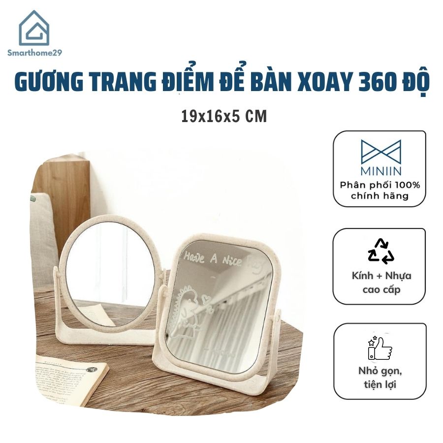 Gương trang điểm để bàn 2 mặt xoay 360 độ, Gương lúa mạch nhỏ gọn phong cách vintage - Chính hãng MINIIN