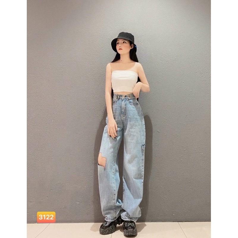 Quần baggy jeans rách gối ongs rộng lưng cao