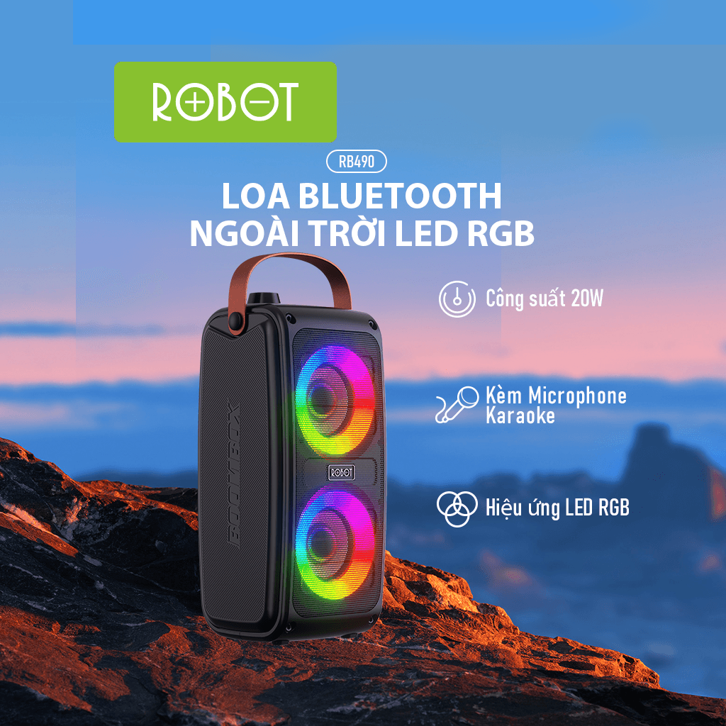 Loa Bluetooth Ngoài Trời Hiệu Ứng Đèn LED ROBOT RB490 - Kèm Micro Karaoke - Công Suất 20W Pin 3.000 mAh - Hàng Chính Hãng