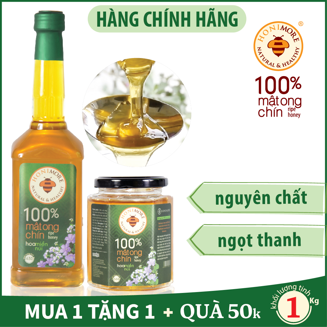 Hộp quà Tết Thần Hoa - Combo mật ong chín Honimore Hoa Miền núi 630g - tặng 1 hũ mật ong nguyên chất 360g