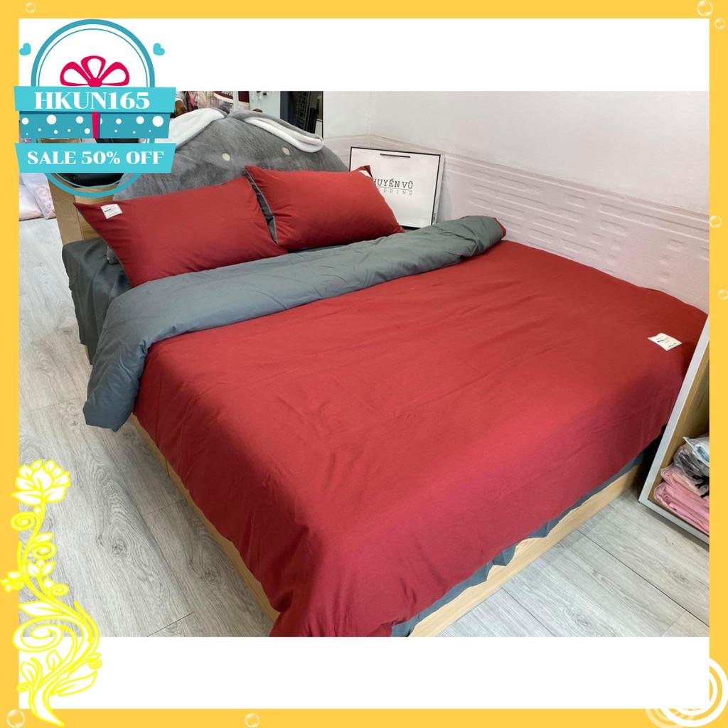 Bộ chăn ga gối cotton TC màu đỏ pha ghi