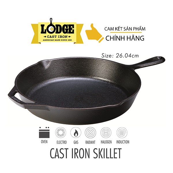 Chảo gang đúc chính hãng Lodge 26,5 cm - L8SK3. Chảo dùng nướng, chiên, xào, áp chảo thực phẩm