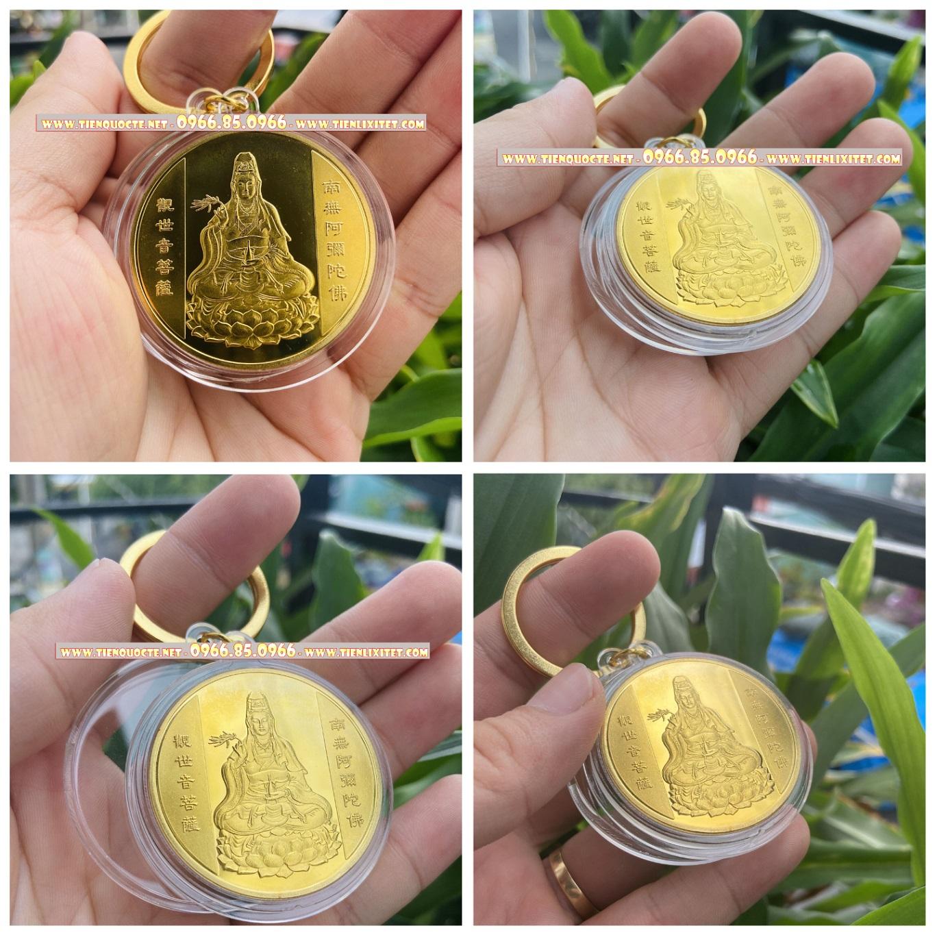 Lì xì tết con mèo 2023 Móc khóa Đồng xu quan thế âm bồ tát xin bình an may mắn QTLNC000083