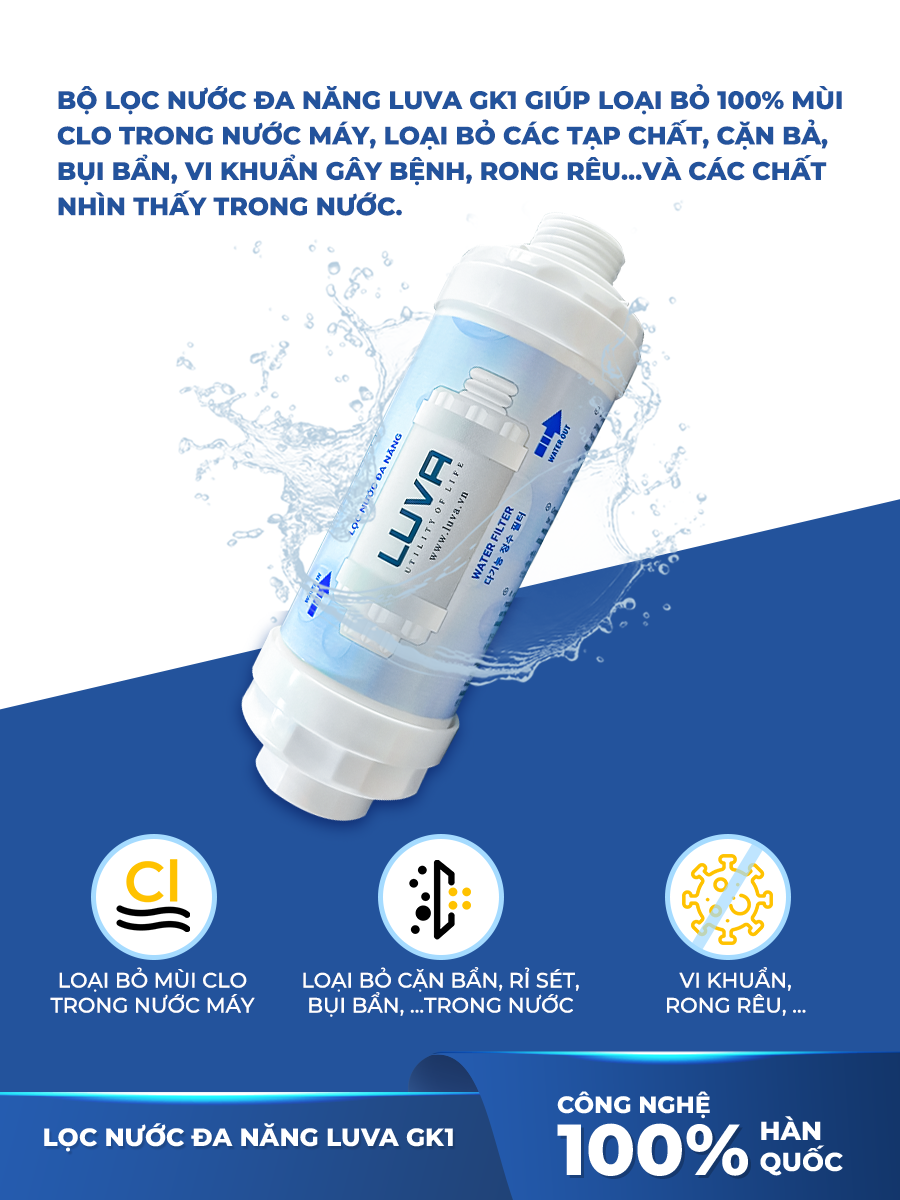 Bộ lọc nước đa năng Luva GK1 cho vòi sen tắm, vòi nước uống, máy giặt, bồn cầu, máy rửa bát