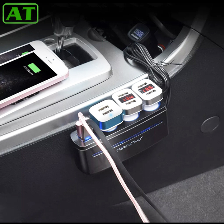 Bộ Chia Tẩu Sạc Ô Tô ,Xe Hơi 3 Tẩu - 2 Usb QC 3.0 Công Suất 120W Kết Hợp Led
