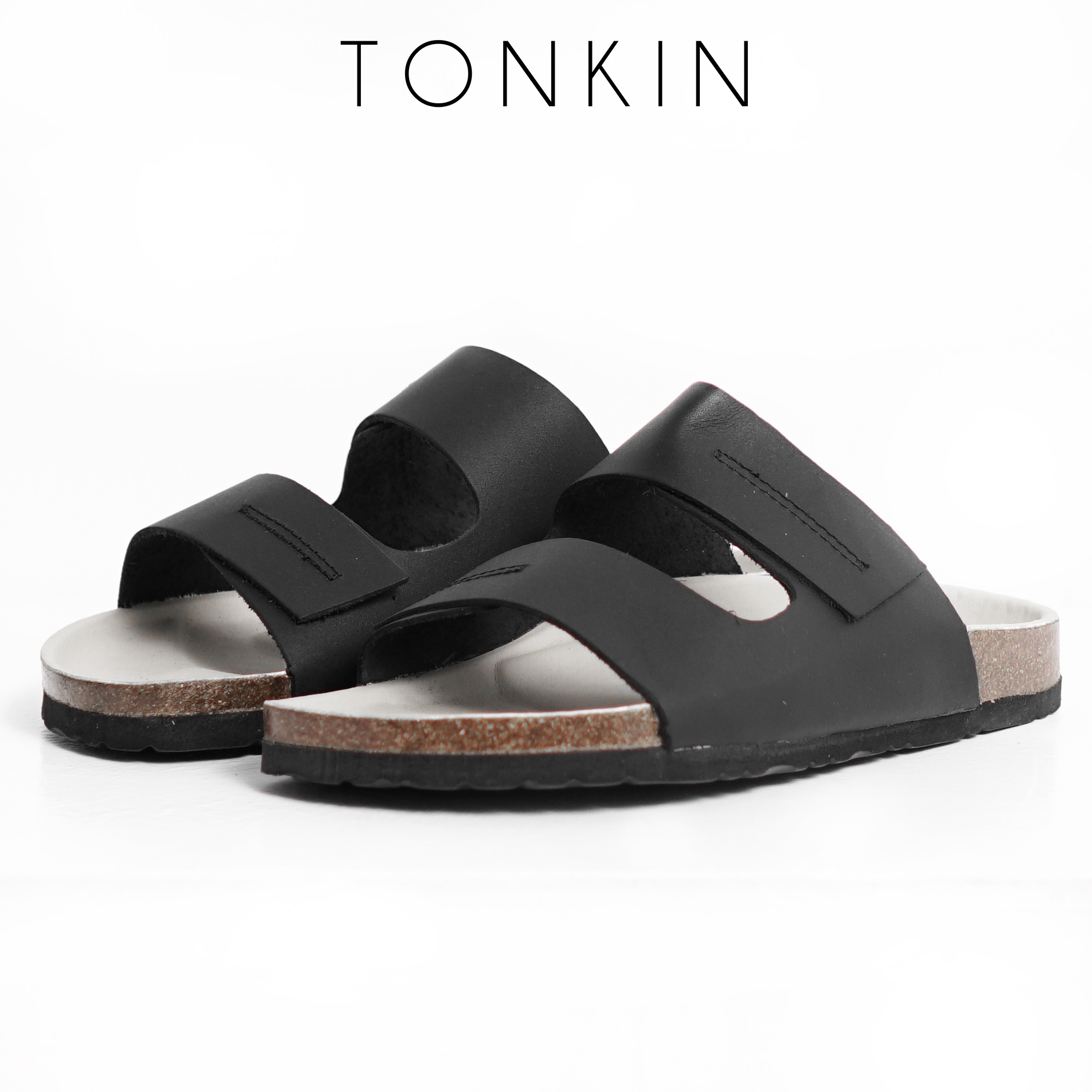 Dép Đế trấu nam BIRKEN STOCK đen QUAI DÁN Da thật 2 lớp unisex CHỐNG THẤM MỒ HÔI chịu nước thương hiệu TONKIN