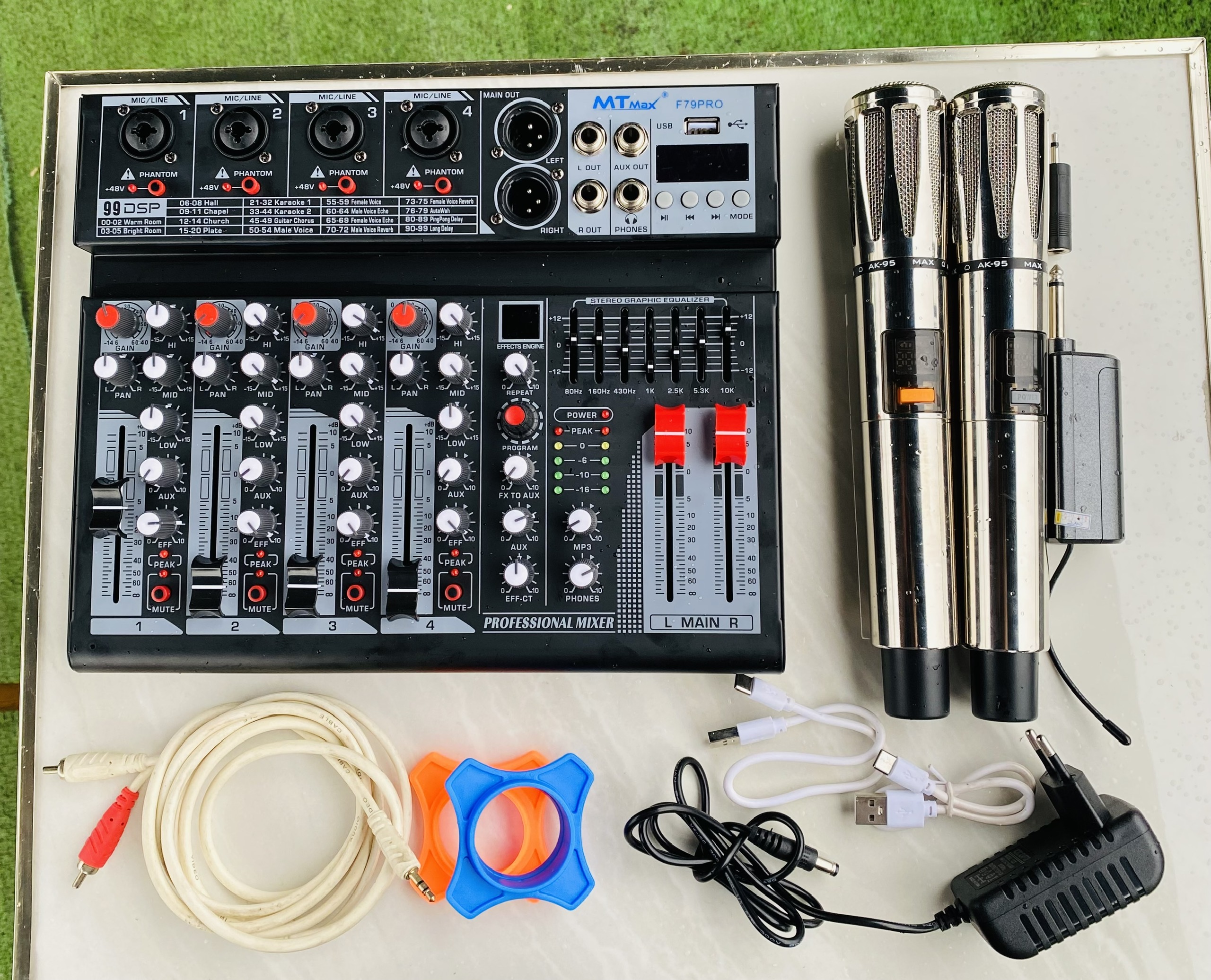 [tặng 2 dây canon hoa sen]  Combo  karaoke  nghe nhạc nâng cấp âm thanh gia đình sân khấu siêu hay mixer MTMAX F79 Pro + Micro Không Dây AK95 (Loại 2 Mic)  hàng nhập khẩu