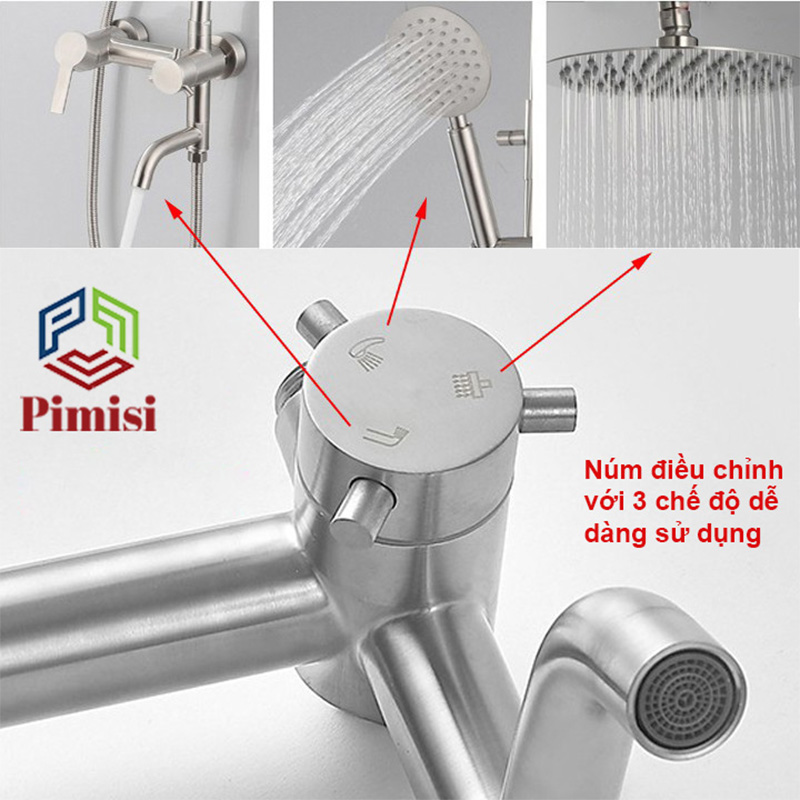 Bộ vòi hoa sen cây tắm đứng nóng lạnh inox 304 kiểu tròn Pimisi đầy đủ phụ kiện với bát sen to - bát nhỏ cầm tay tăng áp dùng được cho cả nhà tắm nhỏ và thấp | Hàng chính hãng