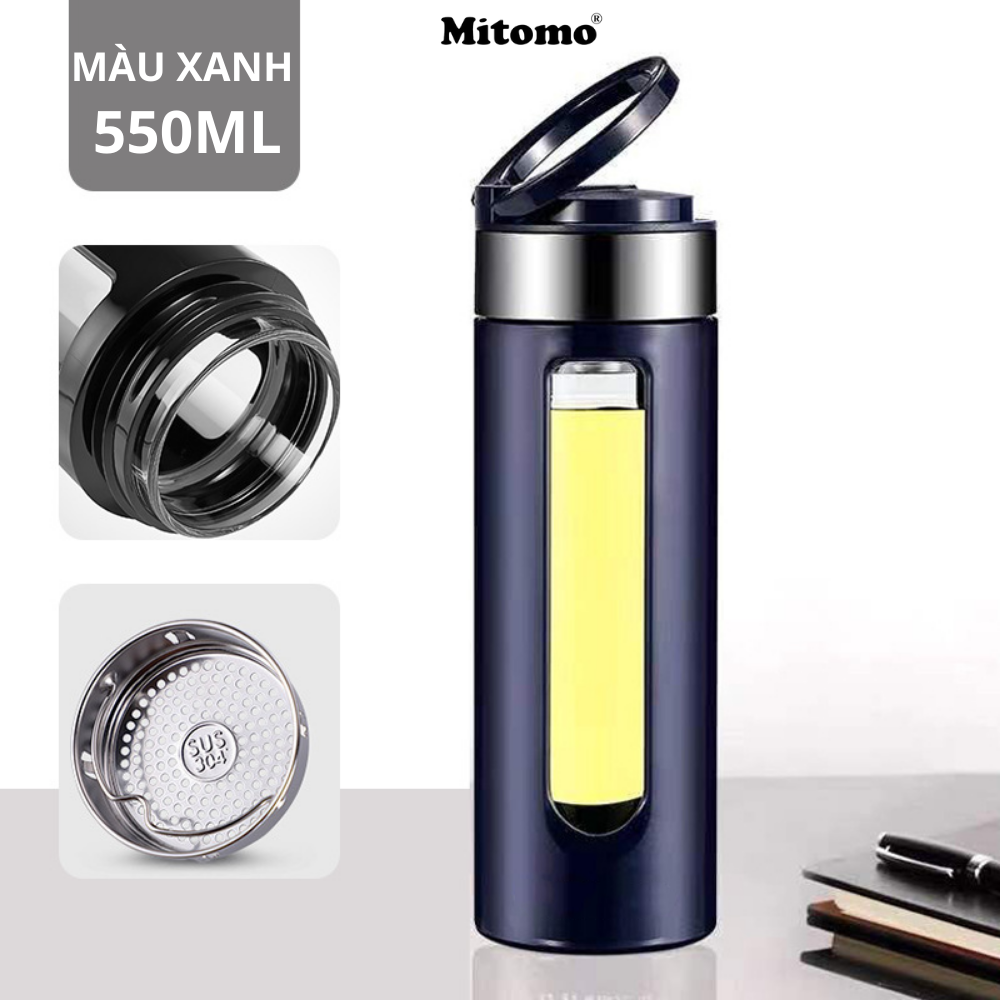 Bình pha trà, bình pha cà phê thủy tinh 2 lóp cao cấp Mitomo BGH-0509, 550ml có lõi lọc trà inox 304 - Hàng chính hãng