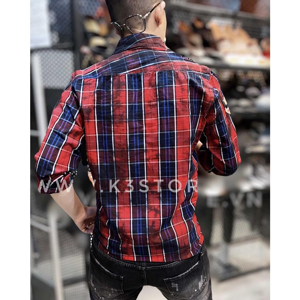 Áo sơ mi tay dài nam sọc caro thêu logo chiến binh la mã was loang full áo chất vải kanij nhật K3 STORE