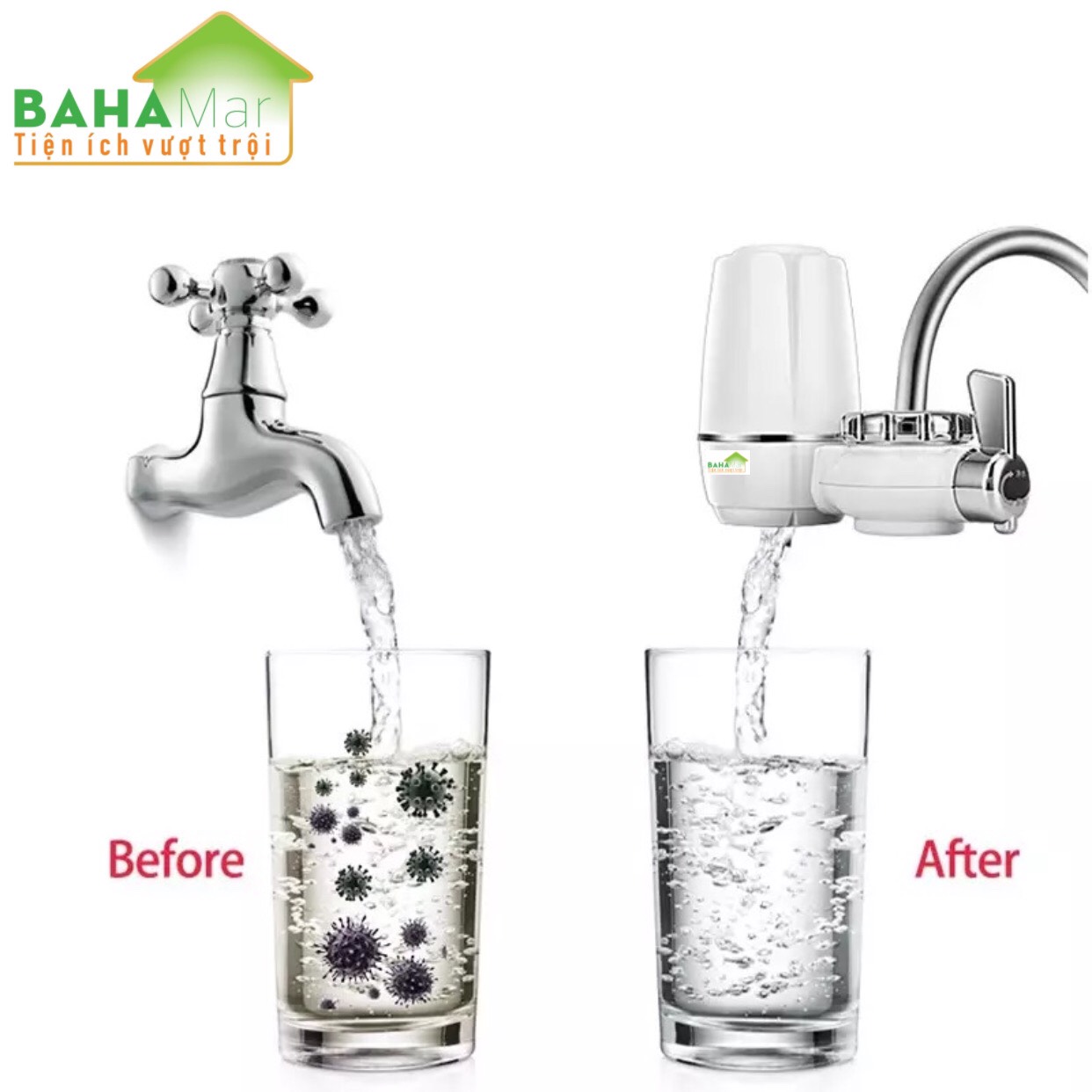 MÁY LỌC NƯỚC KHỬ KHUẨN TẠI VÒI LOẠI BỎ VI KHUẨN, GỈ SÉT, TẠP CHẤT... "BAHAMAR" cho dòng nước tinh khiết mang sức khỏe cho người dùng