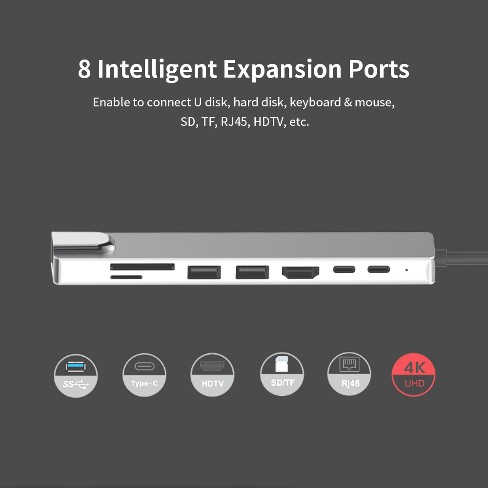 Hub Thunderbolt 3 ra 8 cổng HDMI/ Ethernet/ USB-C/ TF/ SD/ USB 3.0 cho Macbook, Dell XPS - UTH81160