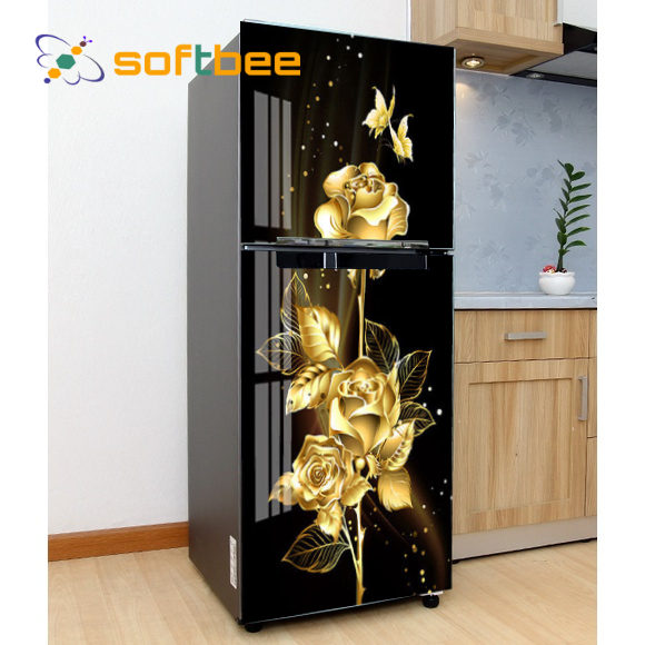 Decal dán tủ lạnh, gồm 4 kích thước chọn lựa, in hình hoa hồng phông đen, chống nước, keo bám dính tốt