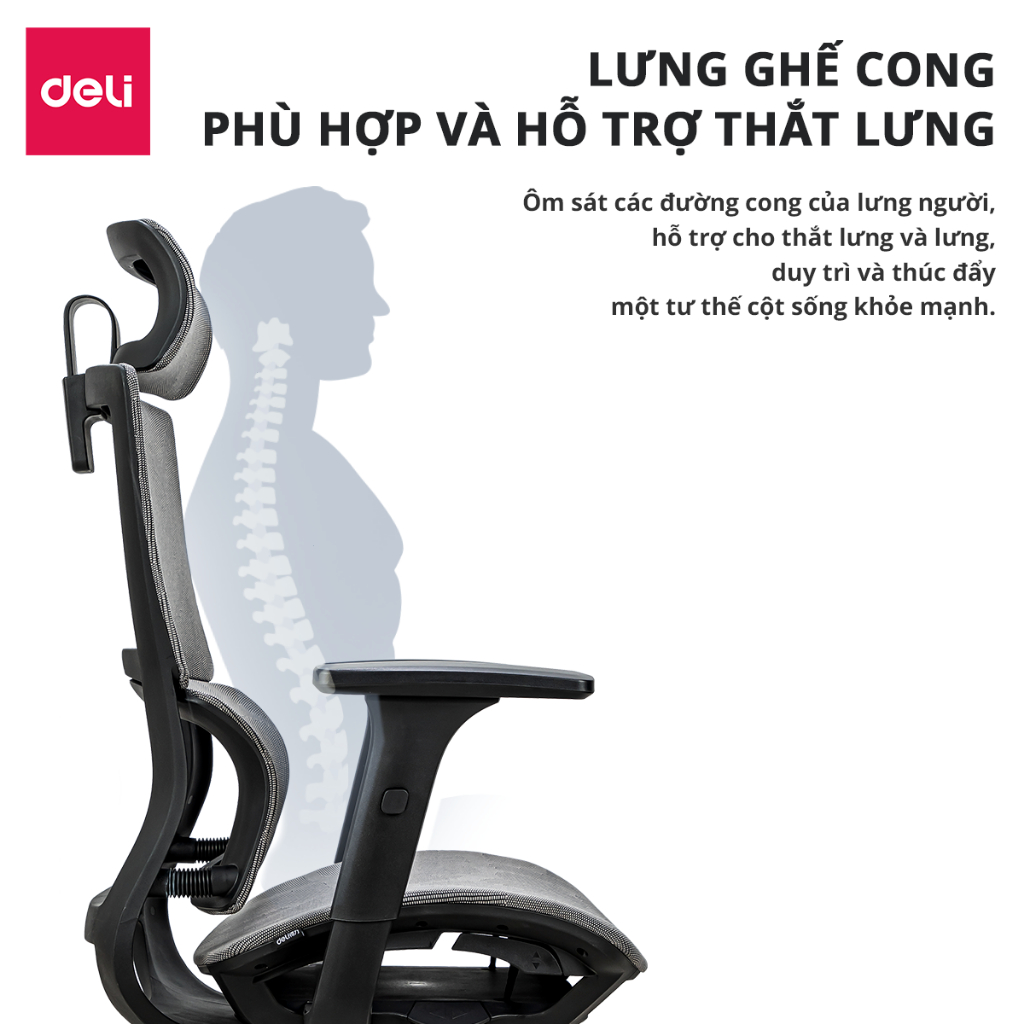 Ghế Xoay Văn Phòng Công Thái Học Cao Cấp Có Đệm Trượt Khóa Ngả Lưng 125 Độ - Lưng Đôi - Lưới Vân Rồng Deli - Tựa Cổ 2D, Tựa Tay 3D- Hỗ Trợ Đốt Sống Cổ Tối Ưu Tư Thế Ngồi - Ghế Giám Đốc Bảo Hành 5 Năm