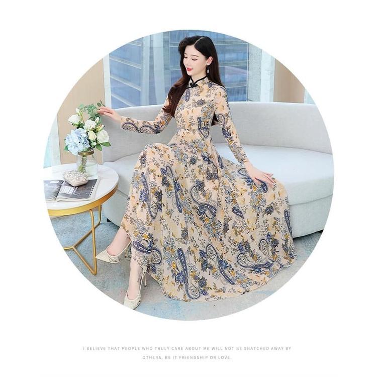ĐẦM XÒE CỔ TÀU DÁNG DÀI HỌA TIẾT CAO CẤP