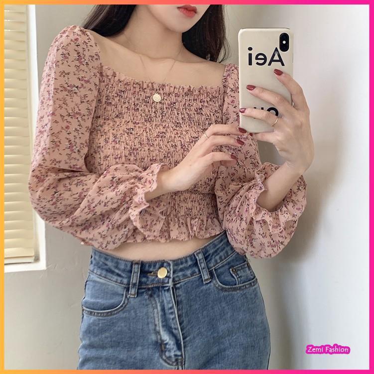 Áo Sơ Mi Nữ Croptop Chất Voan Chiffon Hoạ Tiết Hoa Nhí Ulzzang