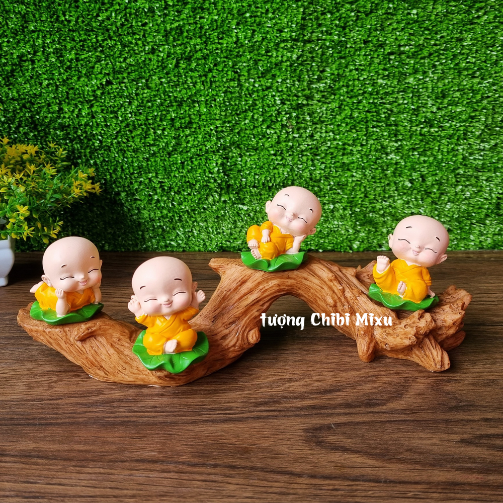 Bộ 04 chú tiểu lá sen áo vàng kèm chân đế giả gỗ