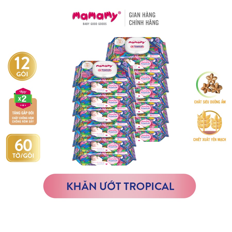 Khăn ướt Mamamy Tropical Premium tinh dầu cúc vạn thọ/ không mùi - Combo 12 gói có nắp 60 tờ