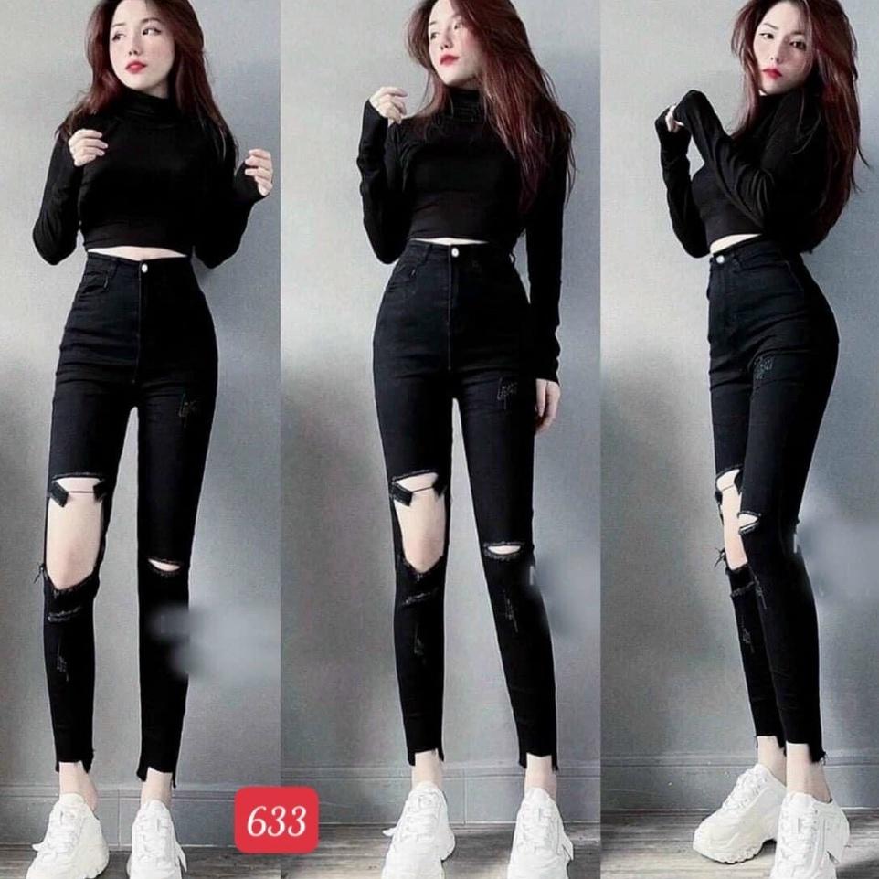 Quần jean nữ đen rách hack dáng cao cấp -chất denim co dãn tốt - quần chuẫn shop BEN Shop080 ms 633