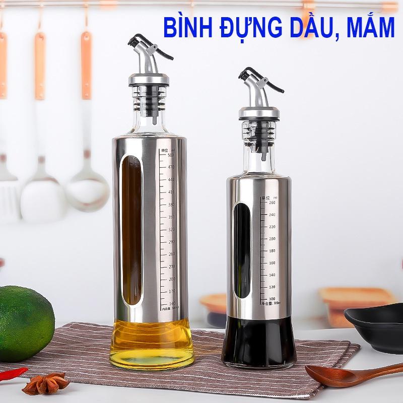 Bình Đựng Dầu ăn, Chai Rót Dầu Ăn, Nước Tương, Mắm Thủy Tinh Bọc Inox Cao Cấp