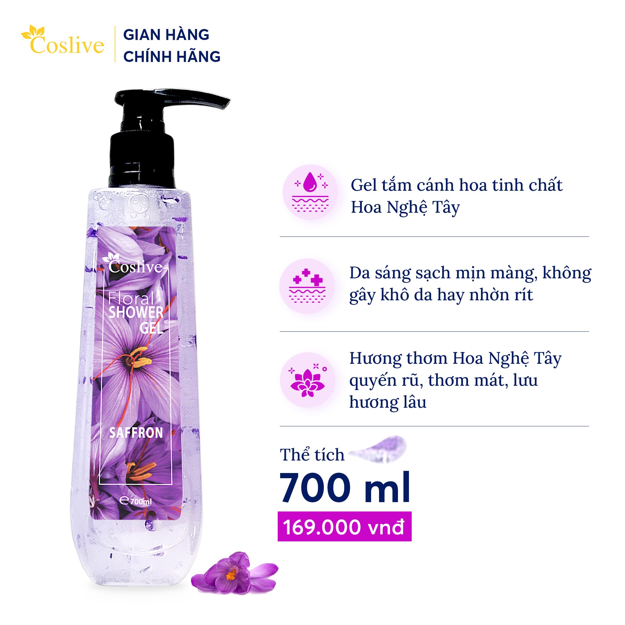 GEL TẮM CÁNH HOA TINH CHẤT HOA NGHỆ TÂY COSLIVE 700ML