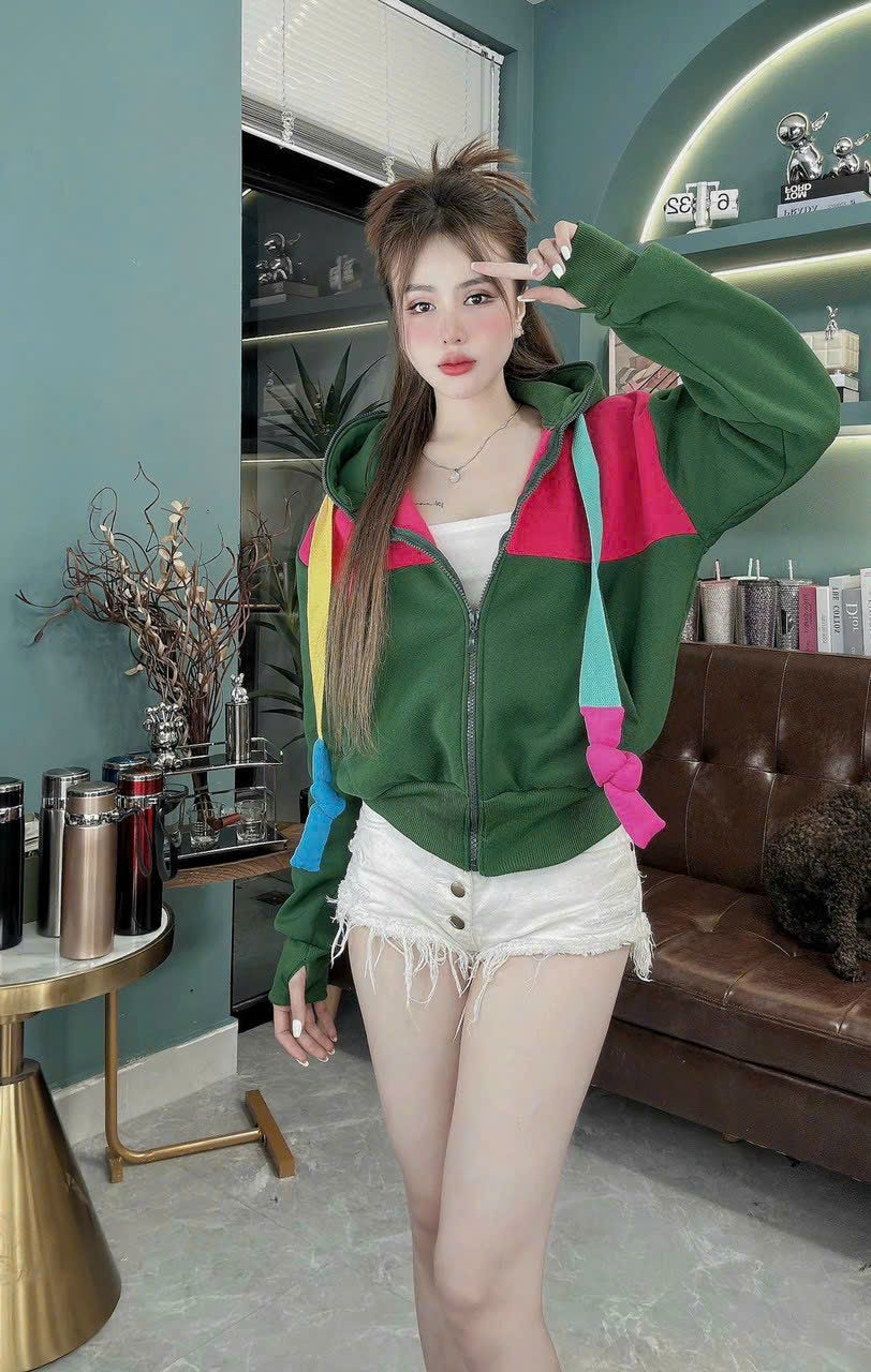 Áo khoác nỉ phối màu - dây to - nón rộng thời trang đi chơi - đi học - đi làm - dạo phố, Áo Khoác Nỉ Phối Màu Dây Bản Lớn Nón To Rộng Nỉ Siêu Dày Dặn Mềm Mịn , Mặc Chống Nắng