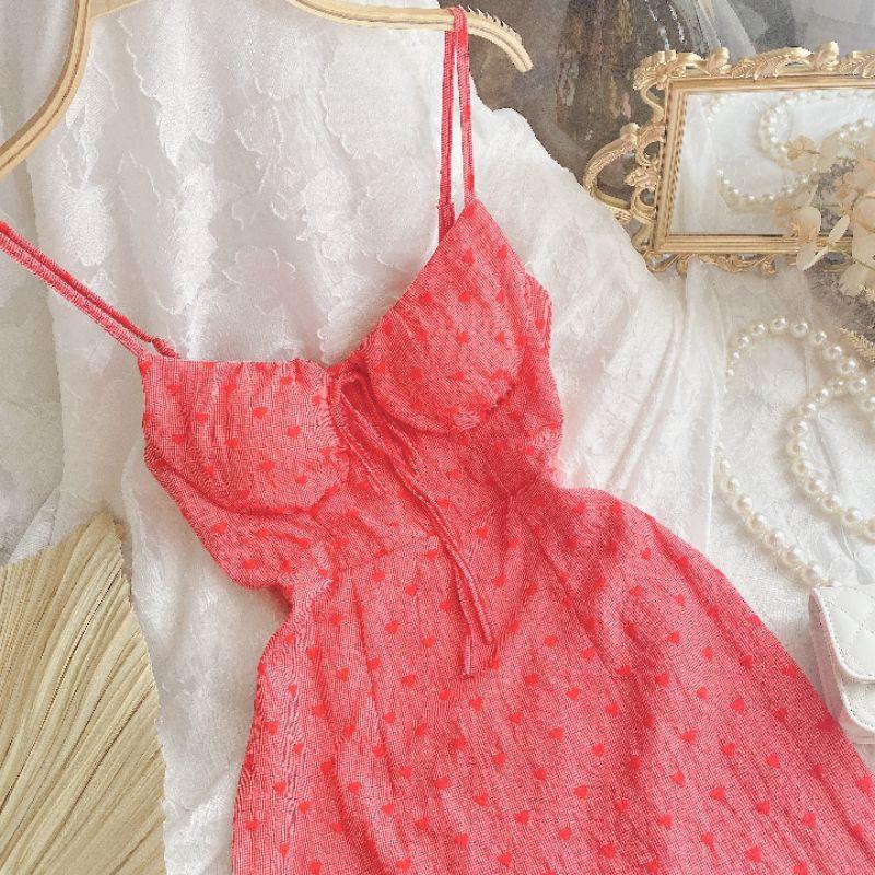 Đầm hoạ tiết tim hai dây cột nơ vai