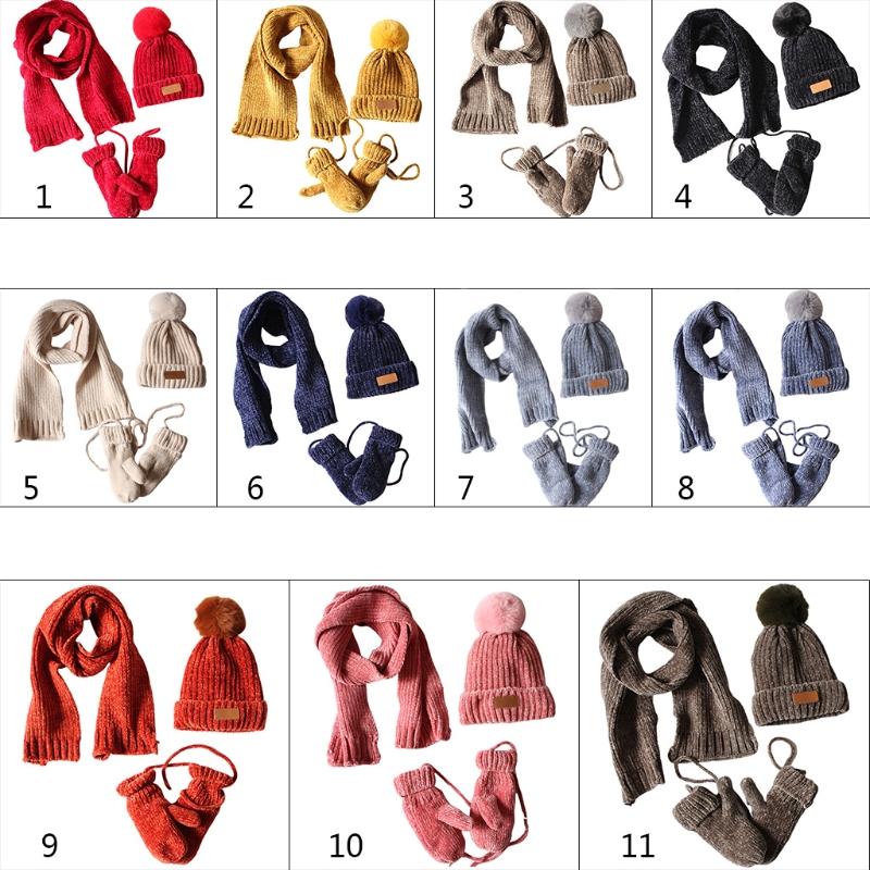 3 Trong 1 Tập Đi Trẻ Em Mùa Đông Gân Đan Mũ Ấm Áp Khăn Găng Tay Bộ Đồng Màu Bò Bộ Đội Khăn Choàng Găng Tay Hở Ngón Có dây 2-8T