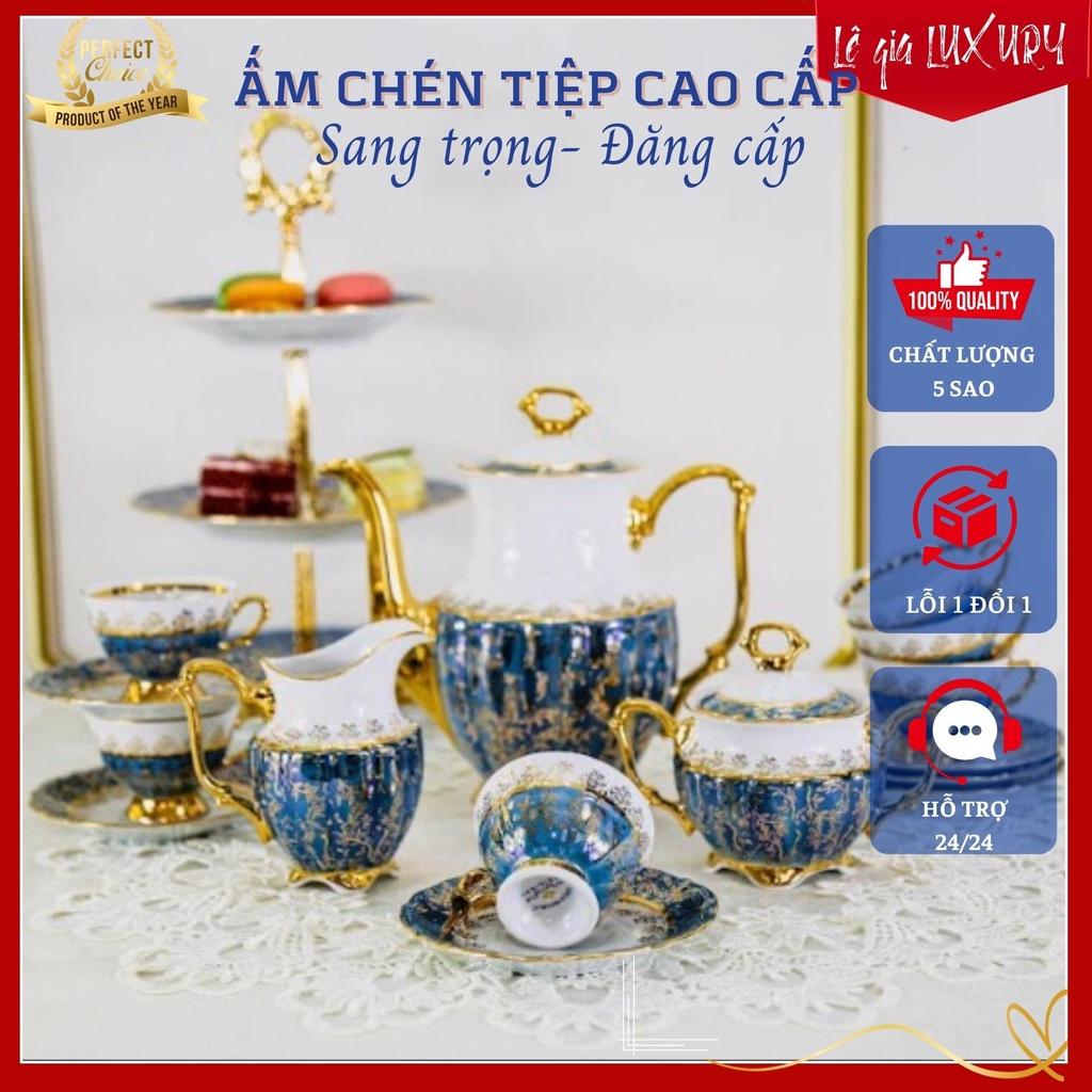 Bộ ấm chén uống trà cao cấp TÂN CỔ ĐIỂN Sang trọng, Gốm Sứ Tiệp Khắc, Ấm chén cao cấp mạ vàng 24K ACTN7, Bộ ấm chén châu Âu cao cấp