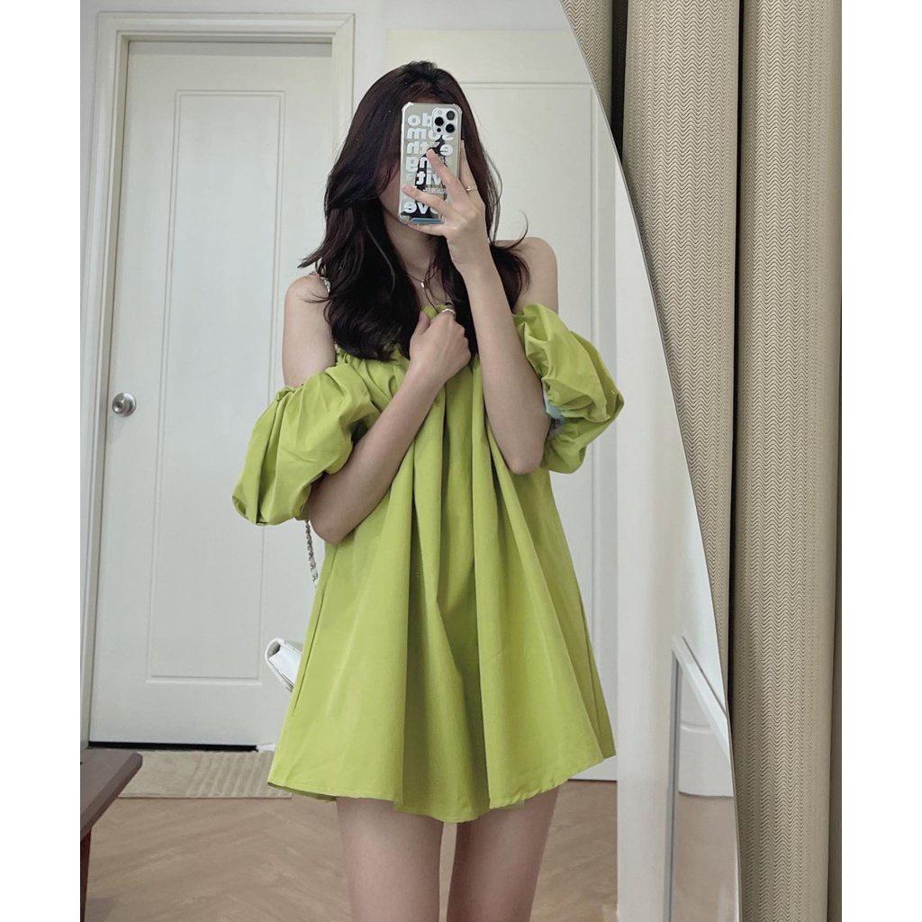 Áo Trễ Vai Nữ Chun Ngực Tay Phồng Bánh Bèo Vải Lụa Thô 6 Màu