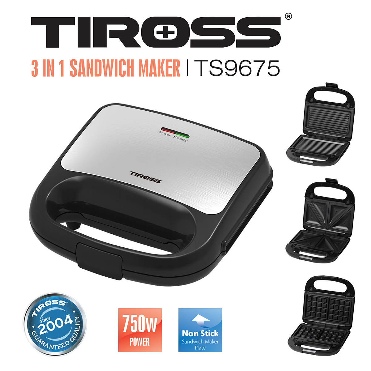 Kẹp nướng sandwich TIROSS 3 trong 1 TS9675 - Hàng chính hãng