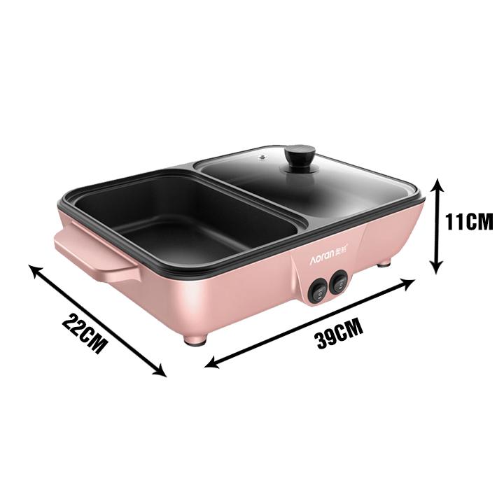 Bếp điện lẩu nướng 2 ngăn mini chính hãng Shanban Electric Baking Tray, Nồi đa năng, nồi lẩu điện 2in1 - Hàng nhập khẩu