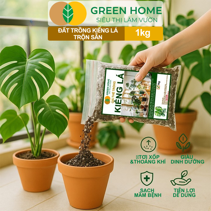 Đất Trồng Kiểng Lá Greenhome, Bao 1kg, Giá Thể Trộn Sẵn, Tiện Lợi Cho Monstera, Kiểng Lá