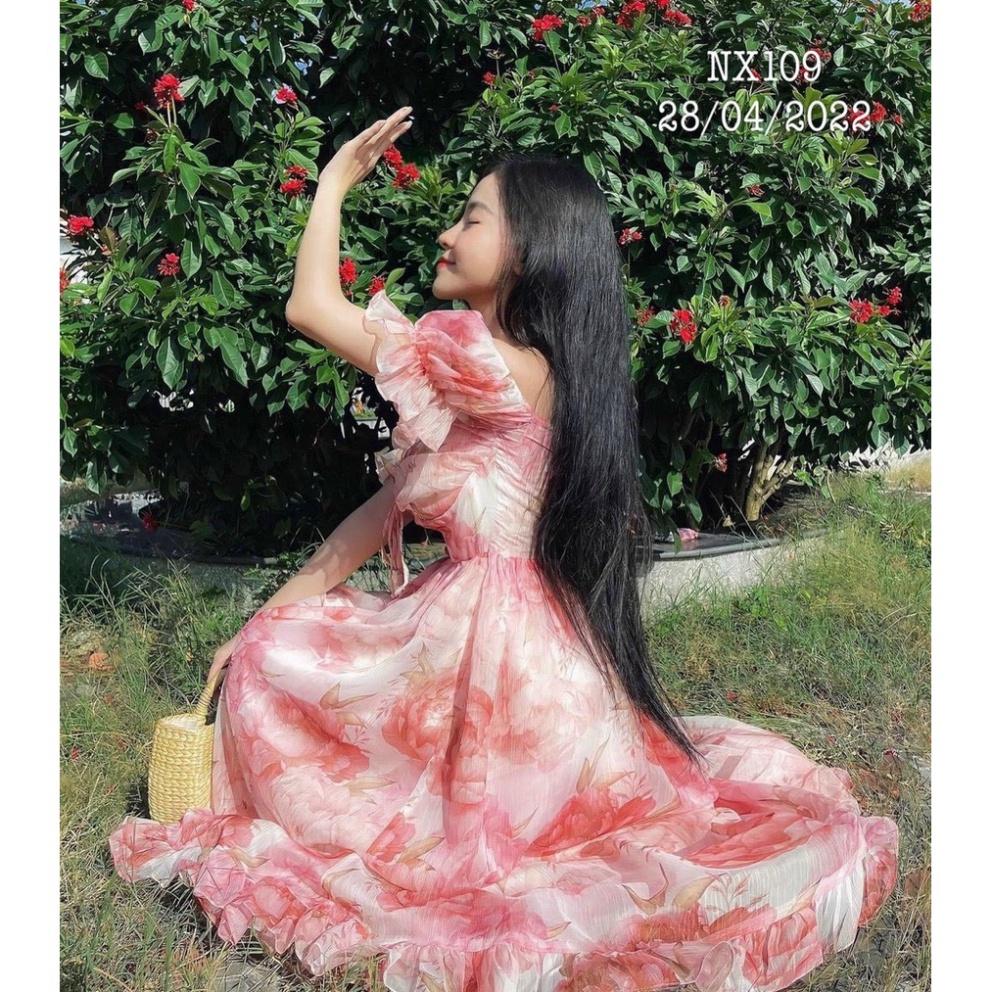 Đầm váy maxi voan lót lụa hoa hồng trễ vai xoè dài Ivy.fashion đi biển dự tiệc dạo phố bigsize gợi cảm sexy