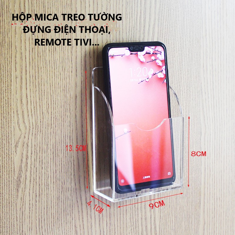 Hộp mica treo tường đựng điện thoại, remote tivi, máy lạnh, quạt (có lỗ sạc pin)