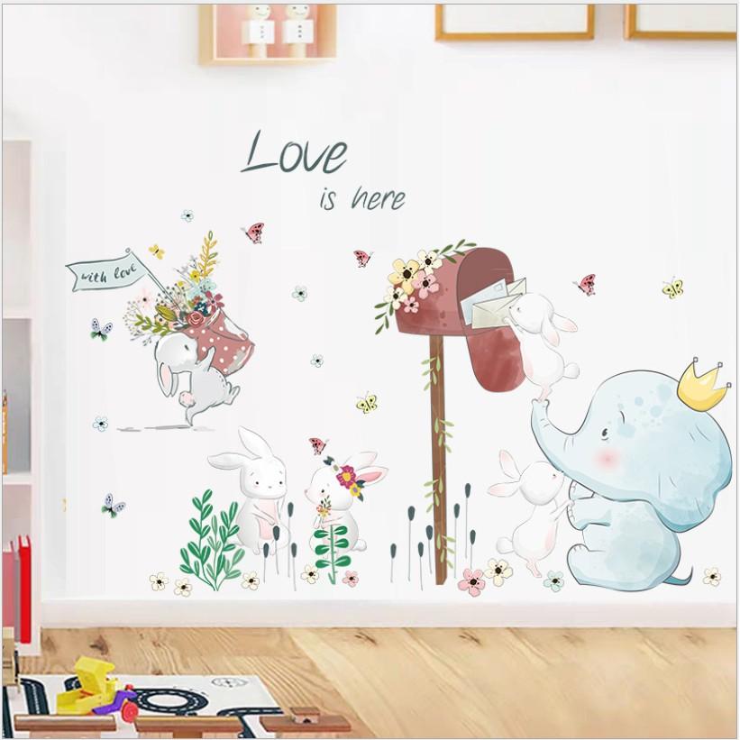 Decal trang trí tường - Khu Vườn Thỏ Trắng Voi xanh màu nhạt