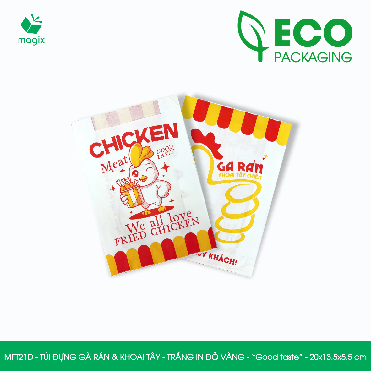 MFT21D - 20x13.5x5.5 cm - 100 Túi giấy MG đựng gà rán và khoai tây chiên, túi đựng thực phẩm