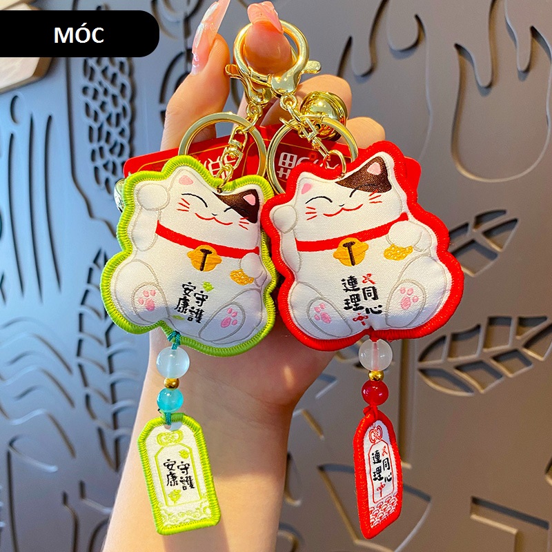 Móc khóa Mèo thần tài bằng vải thêu