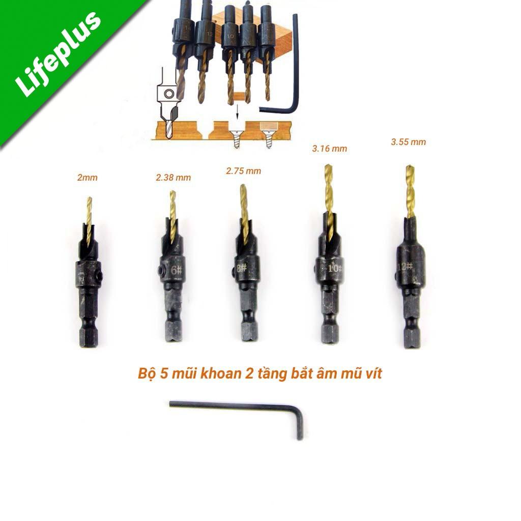 Bộ 5 mũi khoan 2 tầng chỉnh cữ bắt âm mũ vít 2-3.55mm khoan gỗ nhôm đồng chuôi lục giác