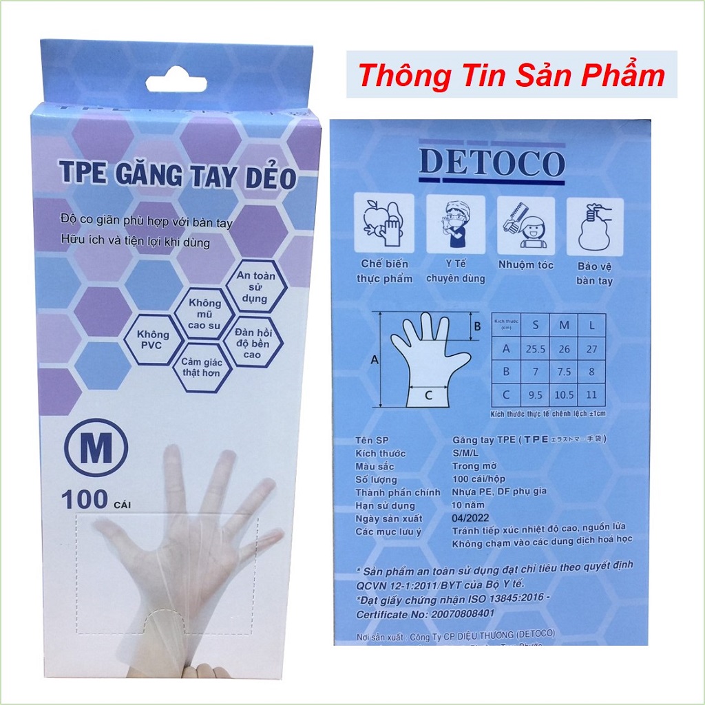 Găng tay TPE siêu dai DETOCO, găng tay làm bếp. Tính đàn hồi chịu nhiệt tốt, độ bền cao, cảm giác thật. Không nhựa PVC, không mũ cao su, hộp 100 cái.