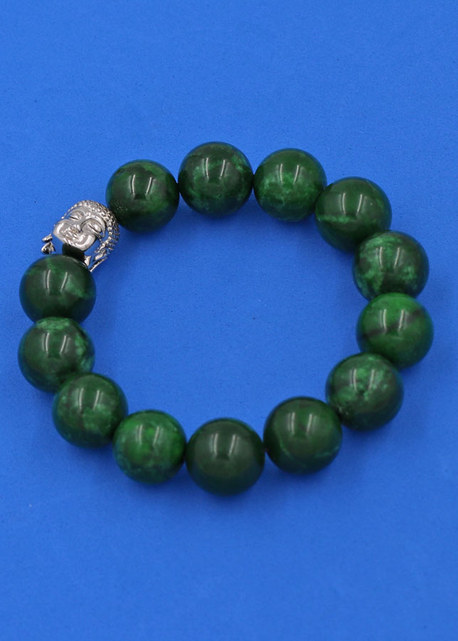 Vòng đeo tay Cẩm Thạch Đông Ninh 14 ly cẩn hạt Phật A Di Đà inox bạc VCTDNNLT14