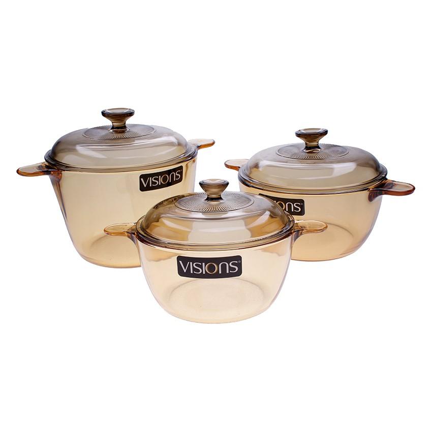 Bộ 3 nồi thủy tinh Visions VS-330 , Xuất xứ từ Pháp ,Hàng chính hãng tặng 1 chảo Fivestar