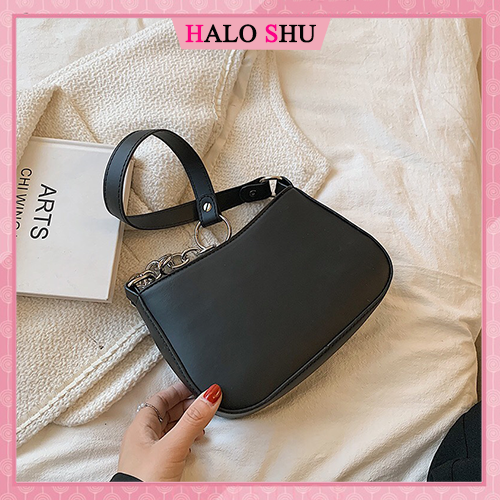 Túi xách nữ, túi cắp nách, túi đeo chéo phối xích Hàn Quốc HALO SHU size 20 mã CN034 đen trắng