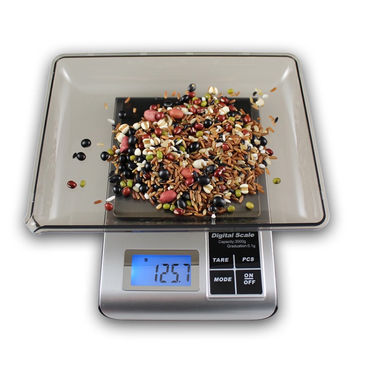 Cân điện tử mini để bàn nhà bếp có khay đựng để đồ tải trọng tối đa 3kg/0.1g độ chính xác cao, chức năng trừ bì tiện lợi 5kw
