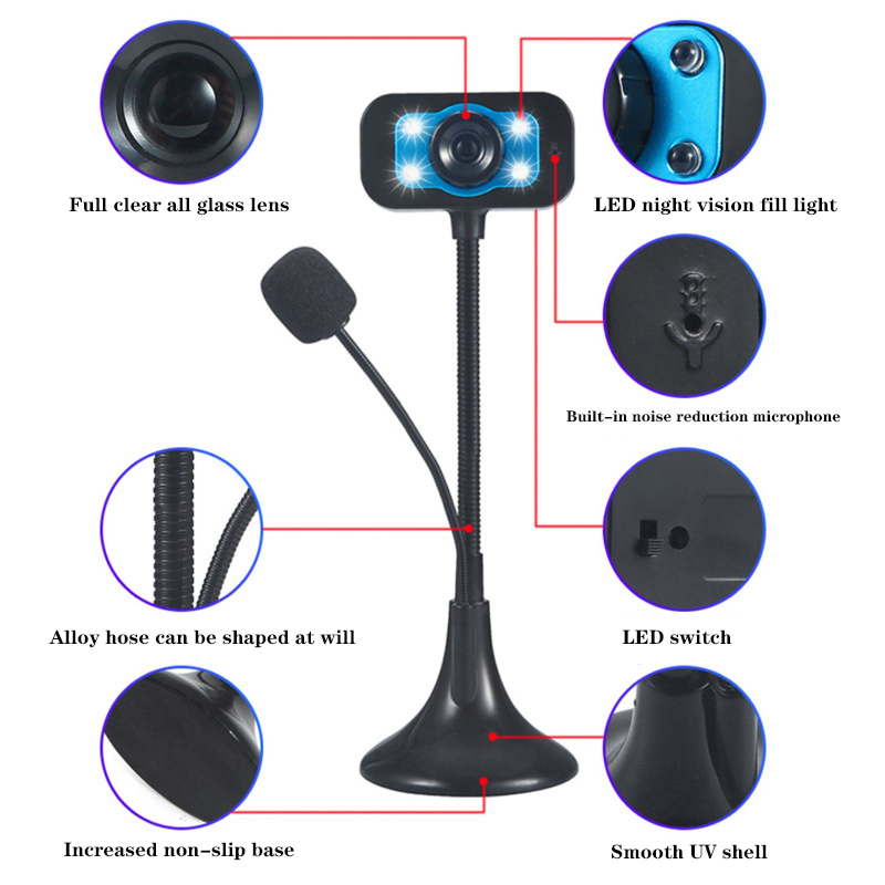 Webcam 720p HD cho máy tính Micro tích hợp có tính năng giảm tiếng ồn Có đèn LED và điều chỉnh ánh sáng phù hợp