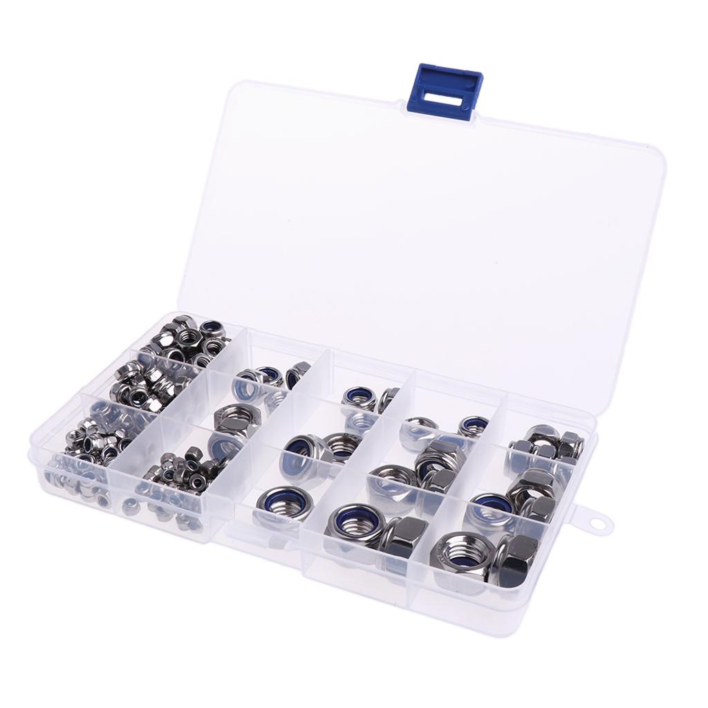 Assorted 304 Steel Nylon Lock Nuts Assortment Kit -M3 M4 M5 M6 M8 M10 M12