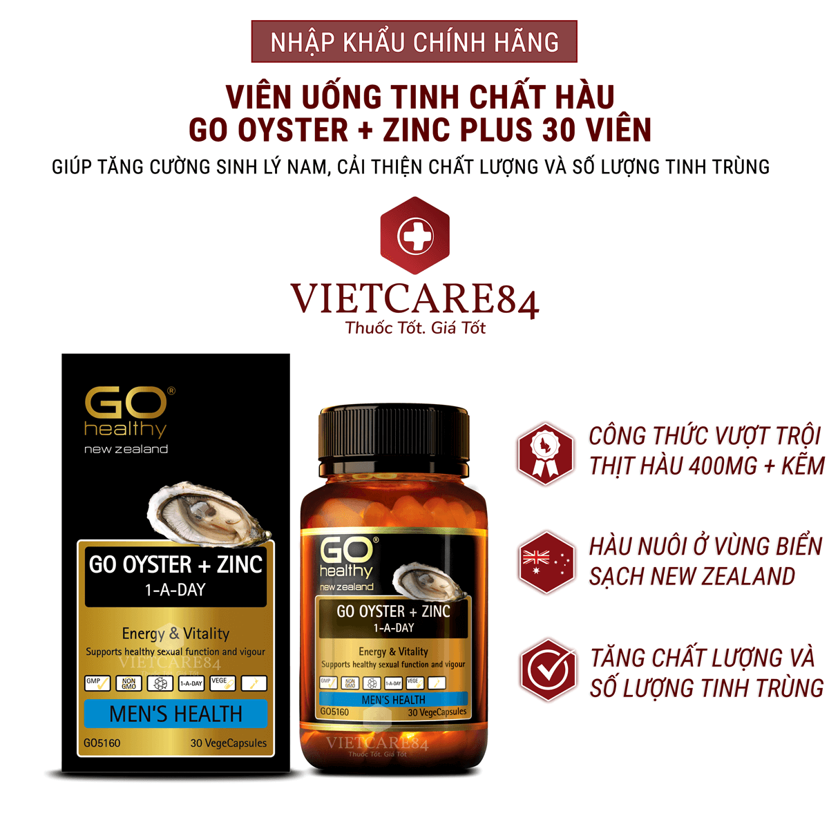 Viên uống tinh chất Hàu nhập khẩu chính hãng New Zealand GO OYSTER + ZinC  giúp tăng cường sinh lý nam, cải thiện chất lượng tinh trùng